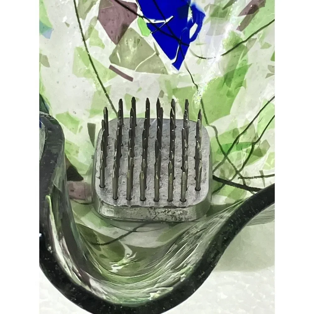 Folded  Hankerchif Clear W/ Blue‎ Green Glass / Votive Holder / With Flower Frog